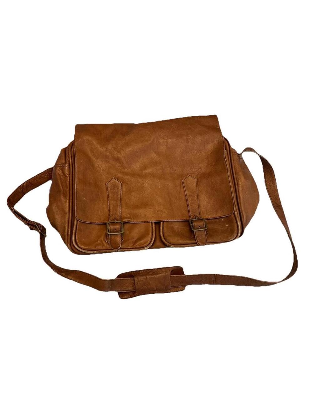 Vintage Style Brown Brown Leather Messenger Bag With Buckles And Adjustable Stap